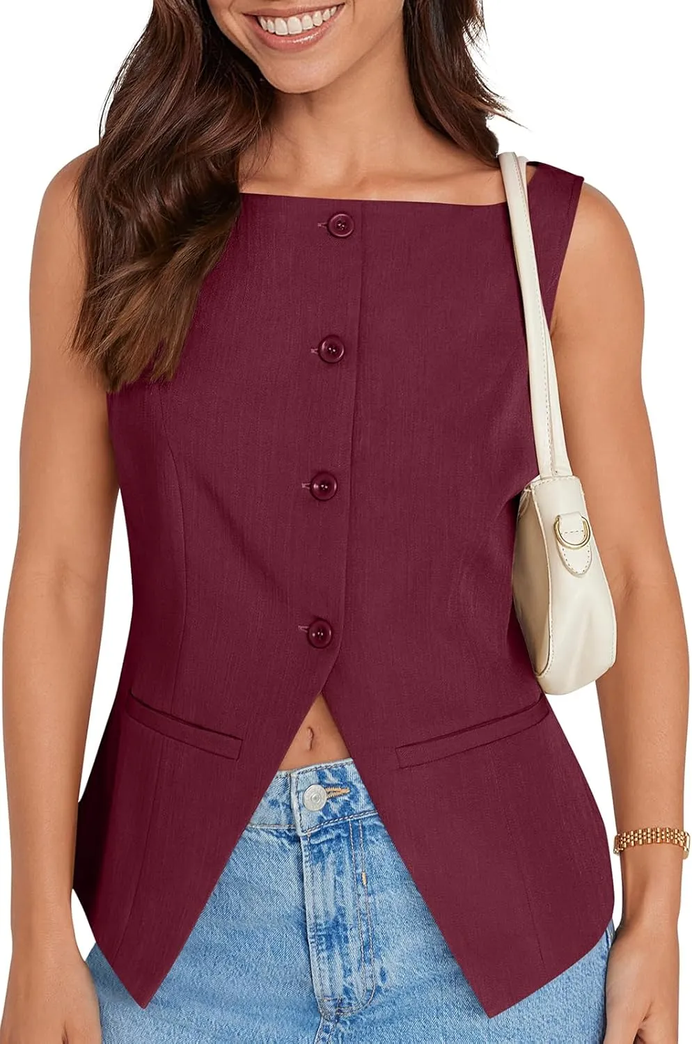 UEU Womens Vest Top 4 Button Sleeveless Boat Neck Fully Lined 2025 Trendy Dressy Business Work Blazer Suit Waistcoat