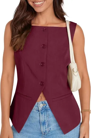 UEU Womens Vest Top 4 Button Sleeveless Boat Neck Fully Lined 2025 Trendy Dressy Business Work Blazer Suit Waistcoat