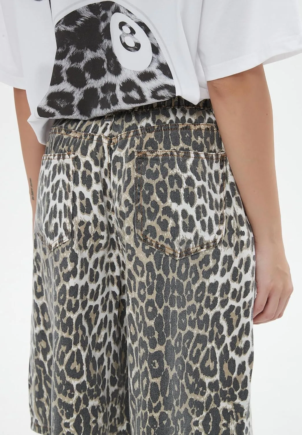 Unisex Leopard Jorts Women Baggy Cheetah Shorts Vintage Straight Leg Jeans Casual Y2K Streetwear