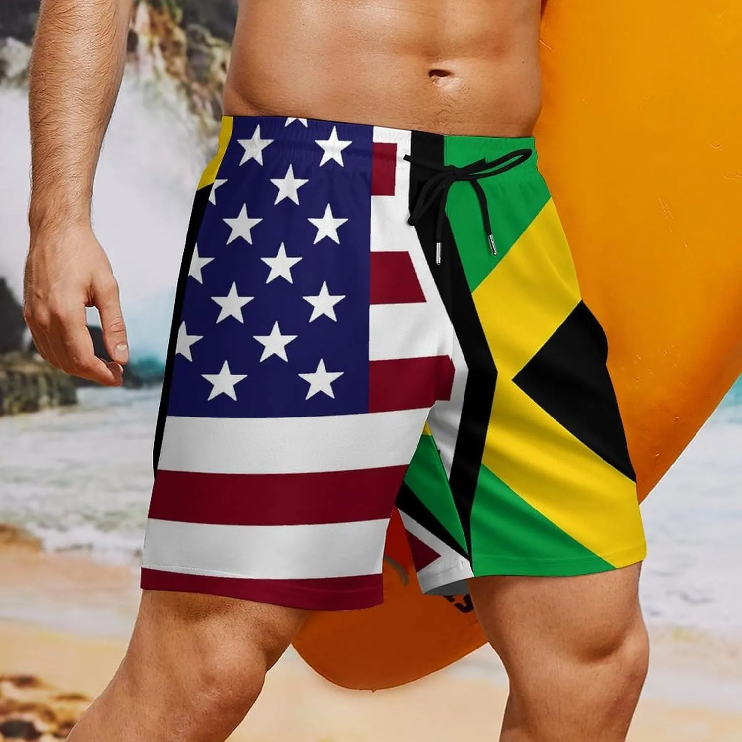 United States and Jamaica Flag Quick Dry Mens Swim Trunks Swimming Beach Board Shorts with Pockets Workout Gym