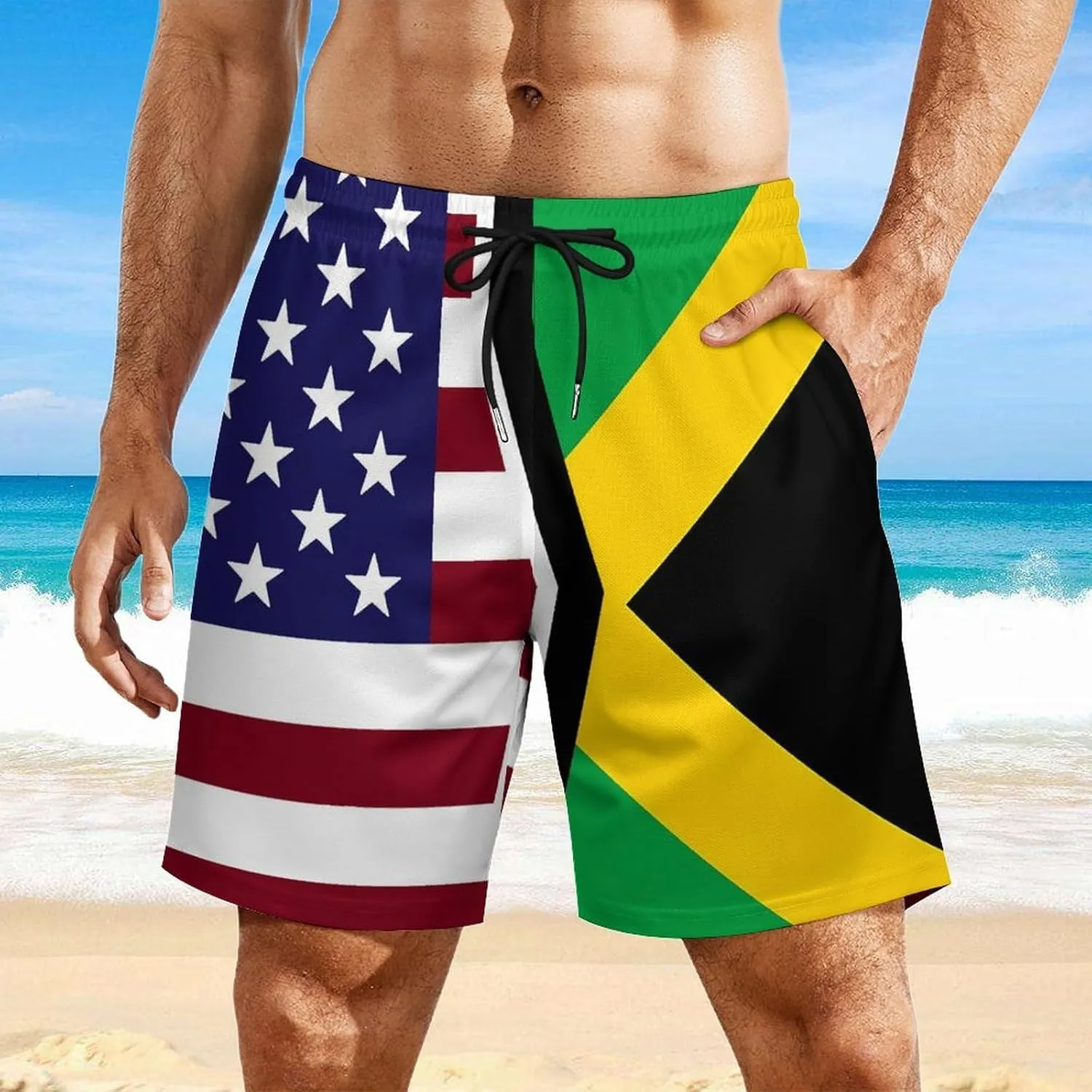 United States and Jamaica Flag Quick Dry Mens Swim Trunks Swimming Beach Board Shorts with Pockets Workout Gym