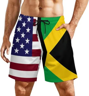 United States and Jamaica Flag Quick Dry Mens Swim Trunks Swimming Beach Board Shorts with Pockets Workout Gym