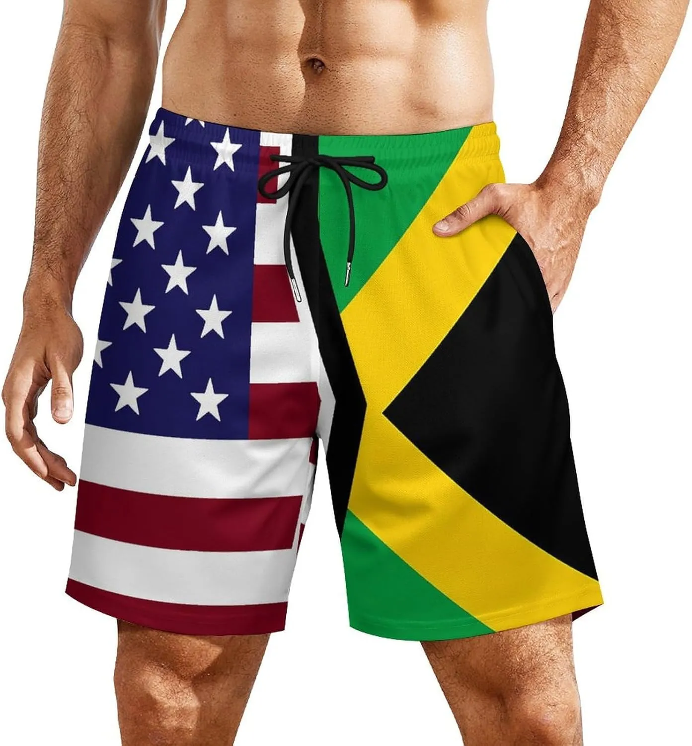 United States and Jamaica Flag Quick Dry Mens Swim Trunks Swimming Beach Board Shorts with Pockets Workout Gym
