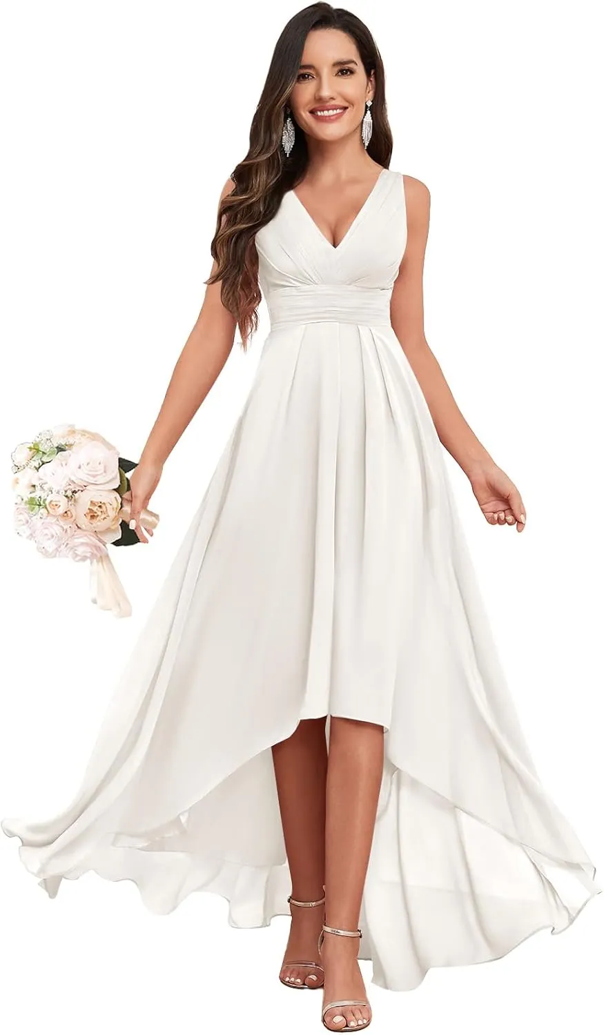 V Neck Bridesmaid Dresses for Women High Low A-Line Chiffon Pleated Evening Party Gown with Pockets