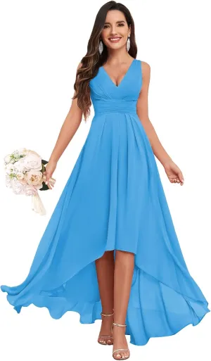 V Neck Bridesmaid Dresses for Women High Low A-Line Chiffon Pleated Evening Party Gown with Pockets