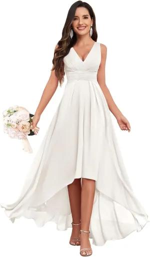 V Neck Bridesmaid Dresses for Women High Low A-Line Chiffon Pleated Evening Party Gown with Pockets