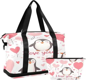 Valentine's Day Cute Penguins Sports Gym Bag with Waterproof Dry Wet Pocket, Travel Duffel Bag for Women MenWorkout Bag Fits Yoga, Swimming