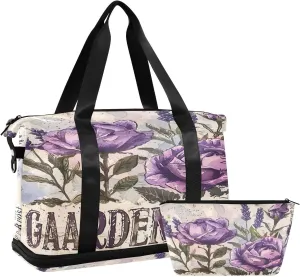 Vintagepurple Rose Sports Gym Bag with Waterproof Dry Wet Pocket, Travel Duffel Bag for Women MenWorkout Bag Fits Yoga, Swimming