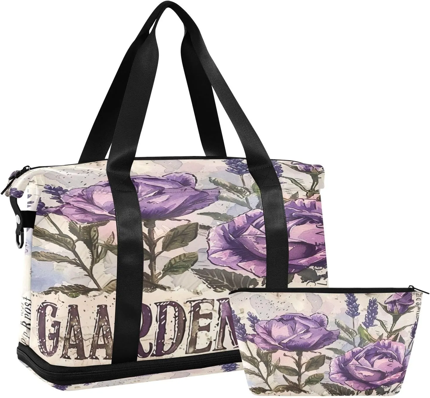 Vintagepurple Rose Sports Gym Bag with Waterproof Dry Wet Pocket, Travel Duffel Bag for Women MenWorkout Bag Fits Yoga, Swimming