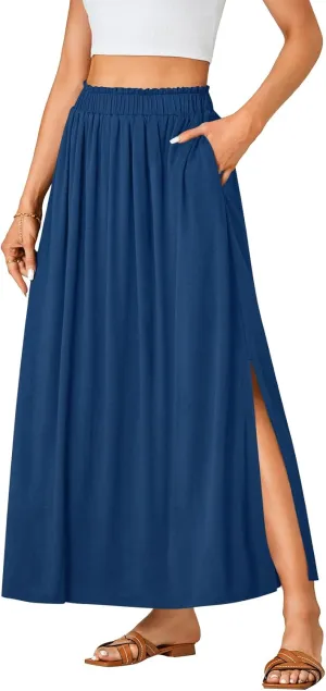 Vrtige Women's Casual Elastic High Waist A Line Flowy Maxi Long Skirt with Pockets
