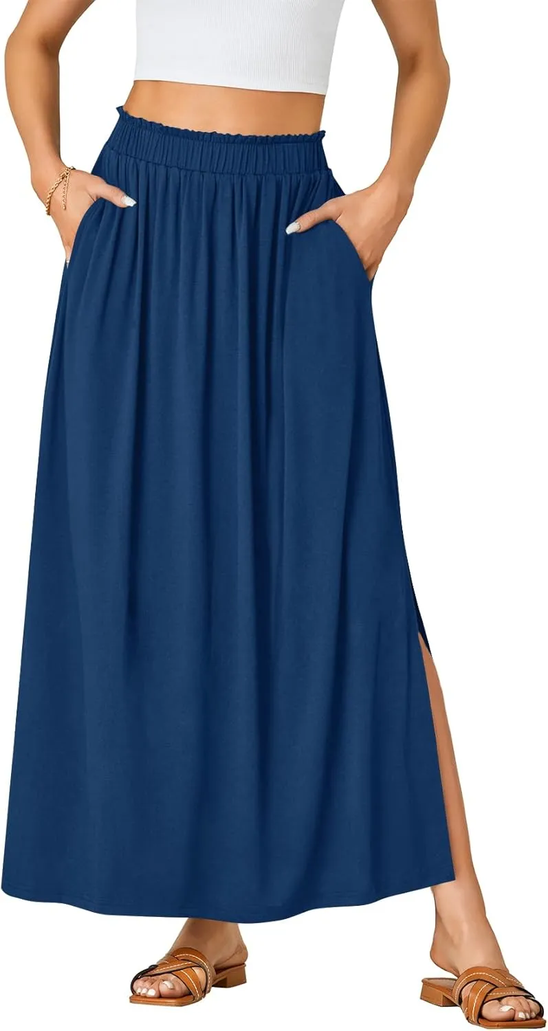 Vrtige Women's Casual Elastic High Waist A Line Flowy Maxi Long Skirt with Pockets