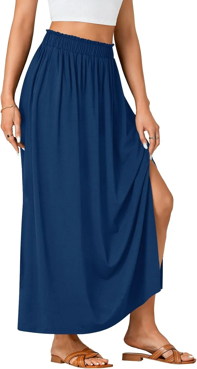 Vrtige Women's Casual Elastic High Waist A Line Flowy Maxi Long Skirt with Pockets