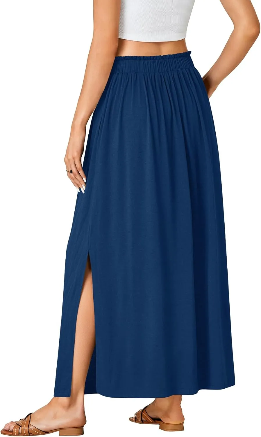 Vrtige Women's Casual Elastic High Waist A Line Flowy Maxi Long Skirt with Pockets