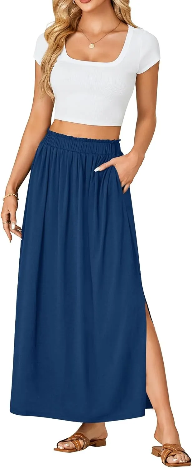 Vrtige Women's Casual Elastic High Waist A Line Flowy Maxi Long Skirt with Pockets