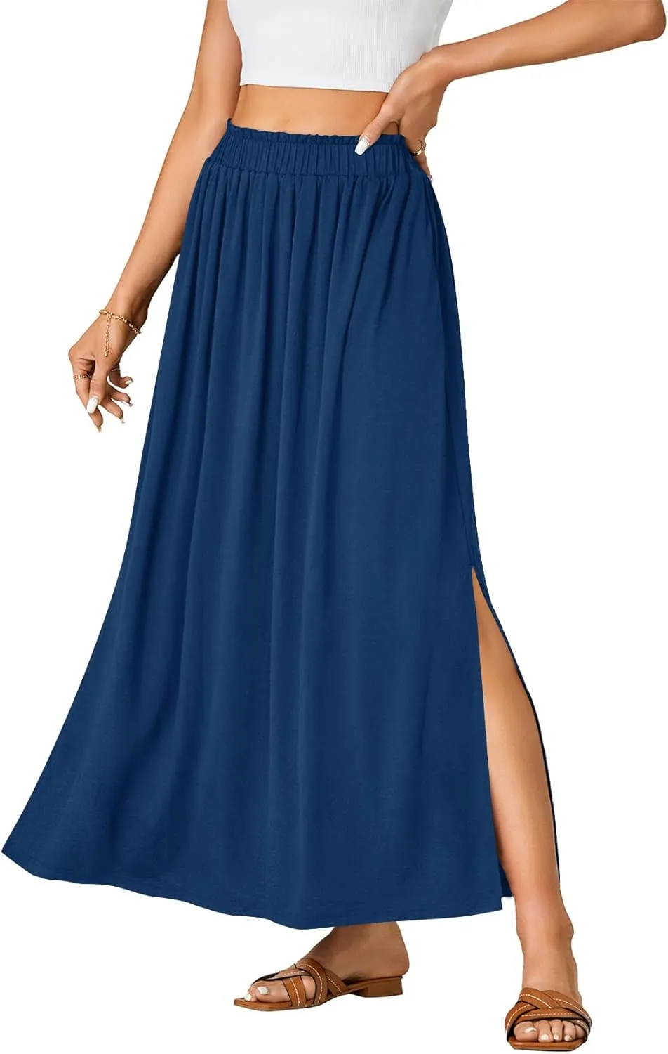 Vrtige Women's Casual Elastic High Waist A Line Flowy Maxi Long Skirt with Pockets