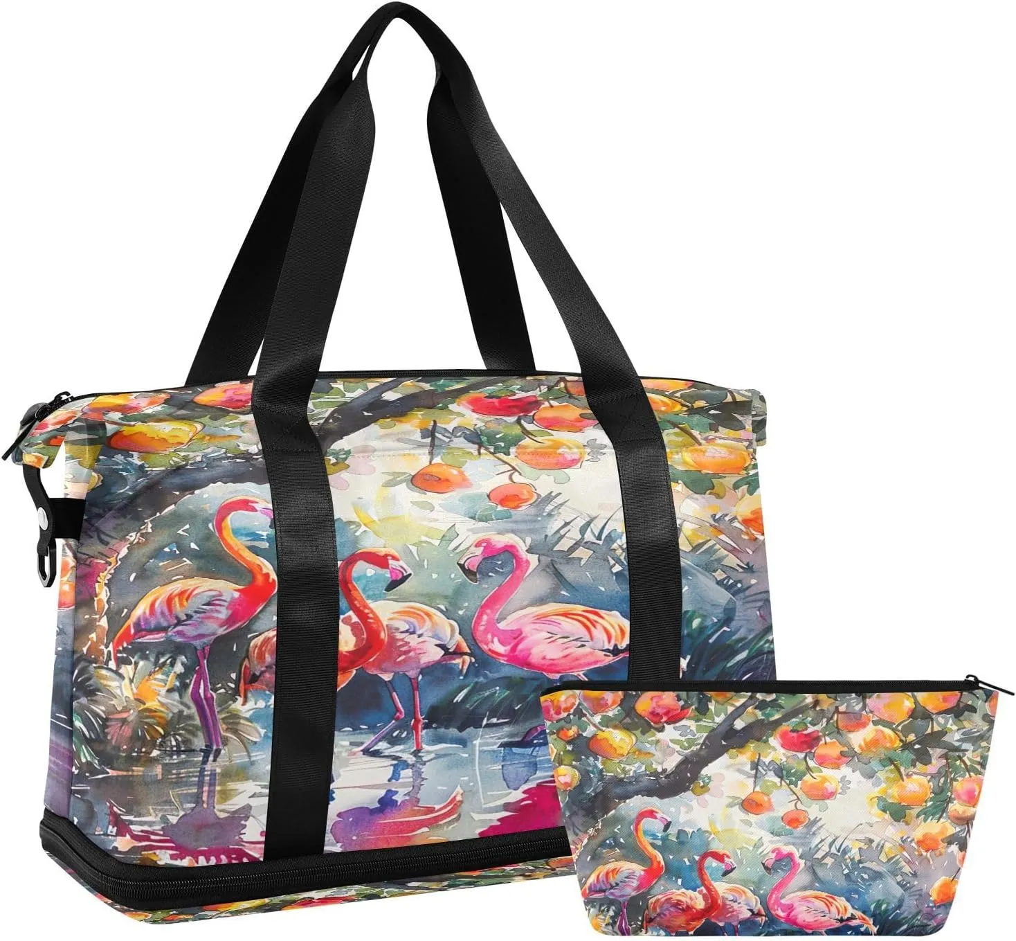 Watercolor Flamingos Sports Gym Bag with Waterproof Dry Wet Pocket, Travel Duffel Bag for Women MenWorkout Bag Fits Yoga, Swimming