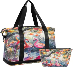 Watercolor Flamingos Sports Gym Bag with Waterproof Dry Wet Pocket, Travel Duffel Bag for Women MenWorkout Bag Fits Yoga, Swimming