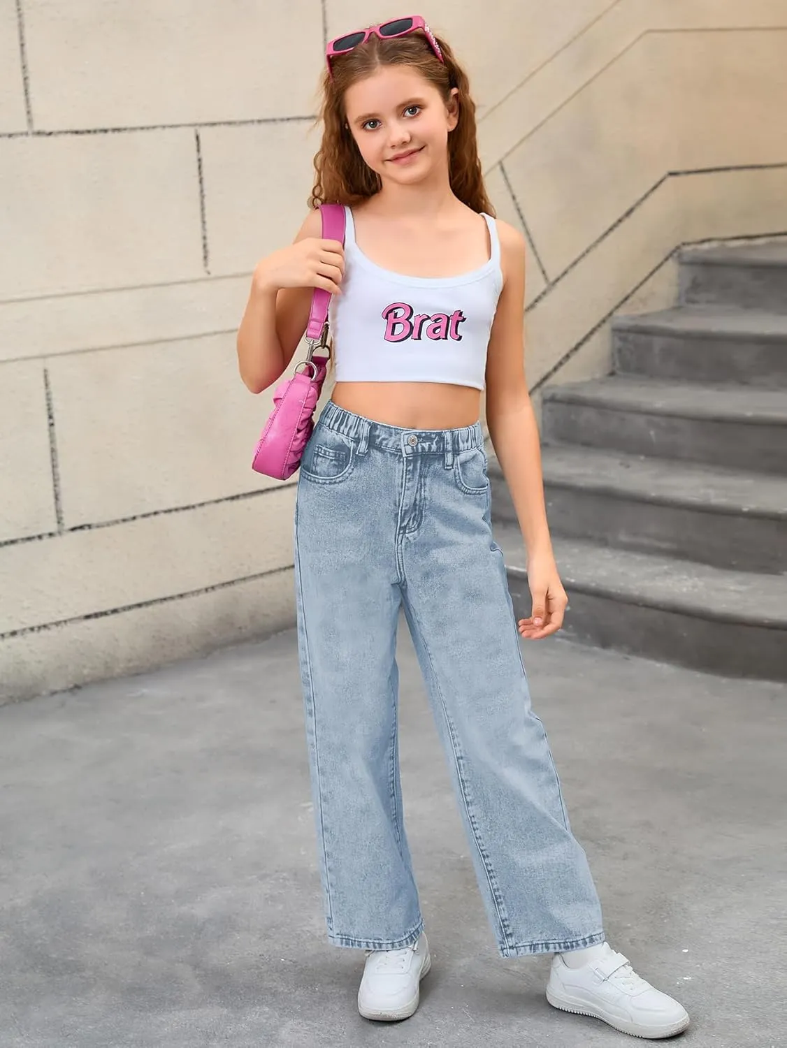 WDIRARA Girl's Bowknot Embroidery Wide Leg Denim Pants Y2k High Waist Baggy Jeans