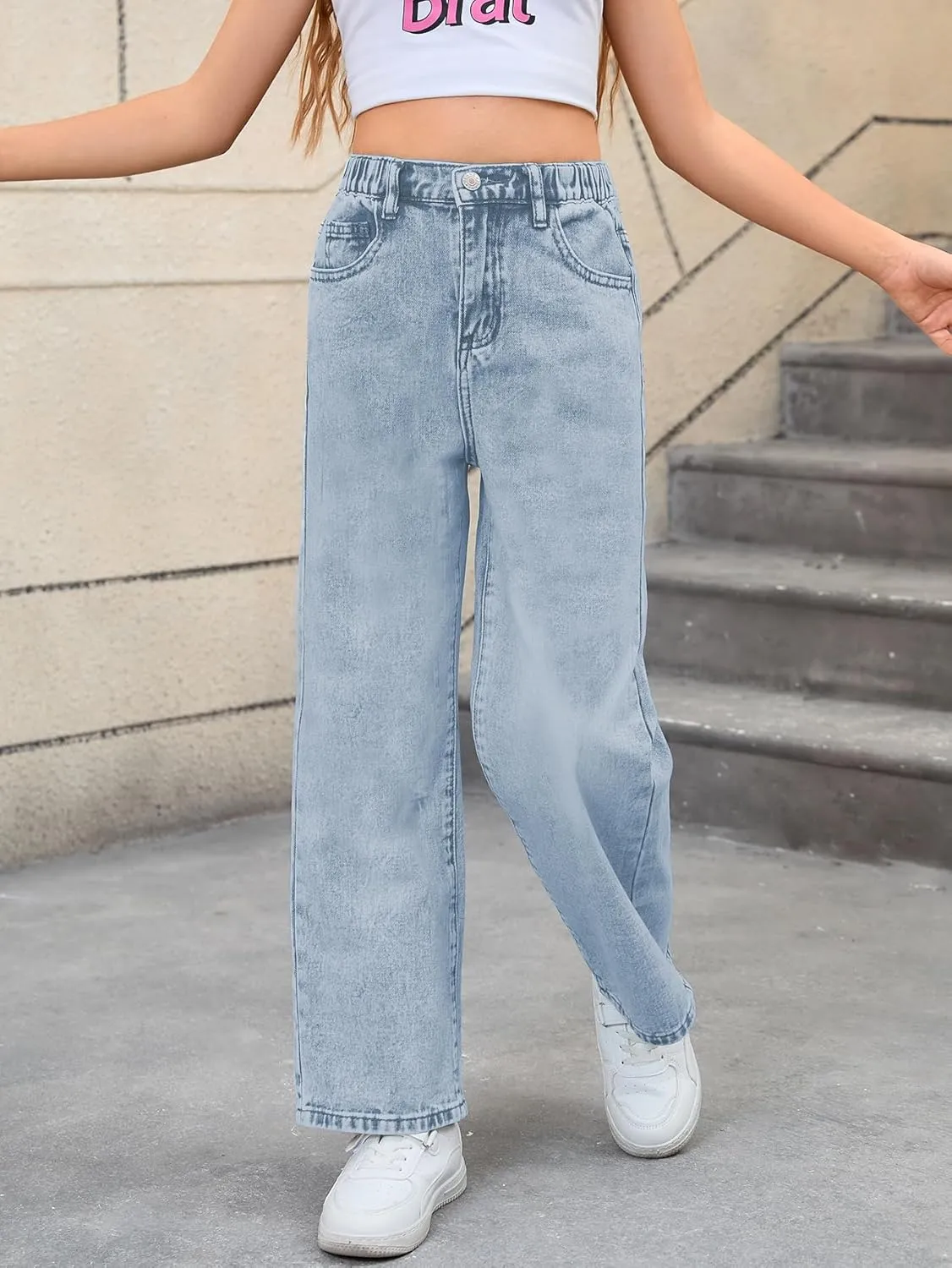 WDIRARA Girl's Bowknot Embroidery Wide Leg Denim Pants Y2k High Waist Baggy Jeans