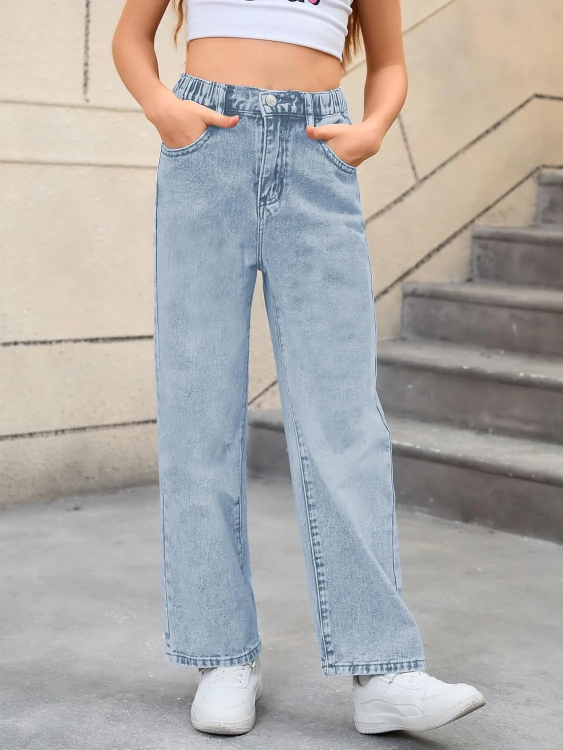 WDIRARA Girl's Bowknot Embroidery Wide Leg Denim Pants Y2k High Waist Baggy Jeans
