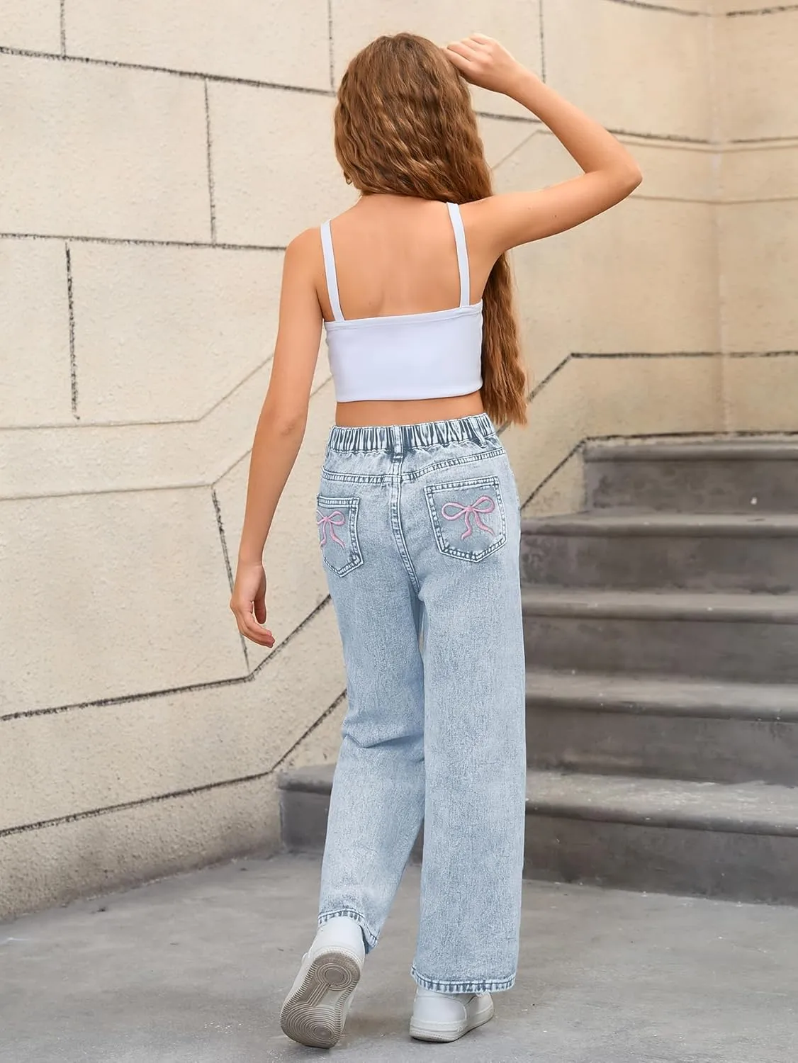 WDIRARA Girl's Bowknot Embroidery Wide Leg Denim Pants Y2k High Waist Baggy Jeans