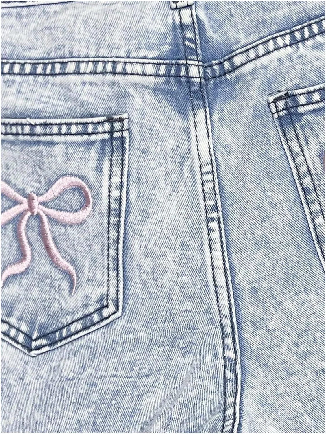 WDIRARA Girl's Bowknot Embroidery Wide Leg Denim Pants Y2k High Waist Baggy Jeans