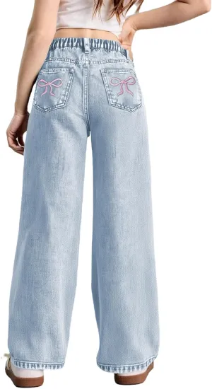 WDIRARA Girl's Bowknot Embroidery Wide Leg Denim Pants Y2k High Waist Baggy Jeans