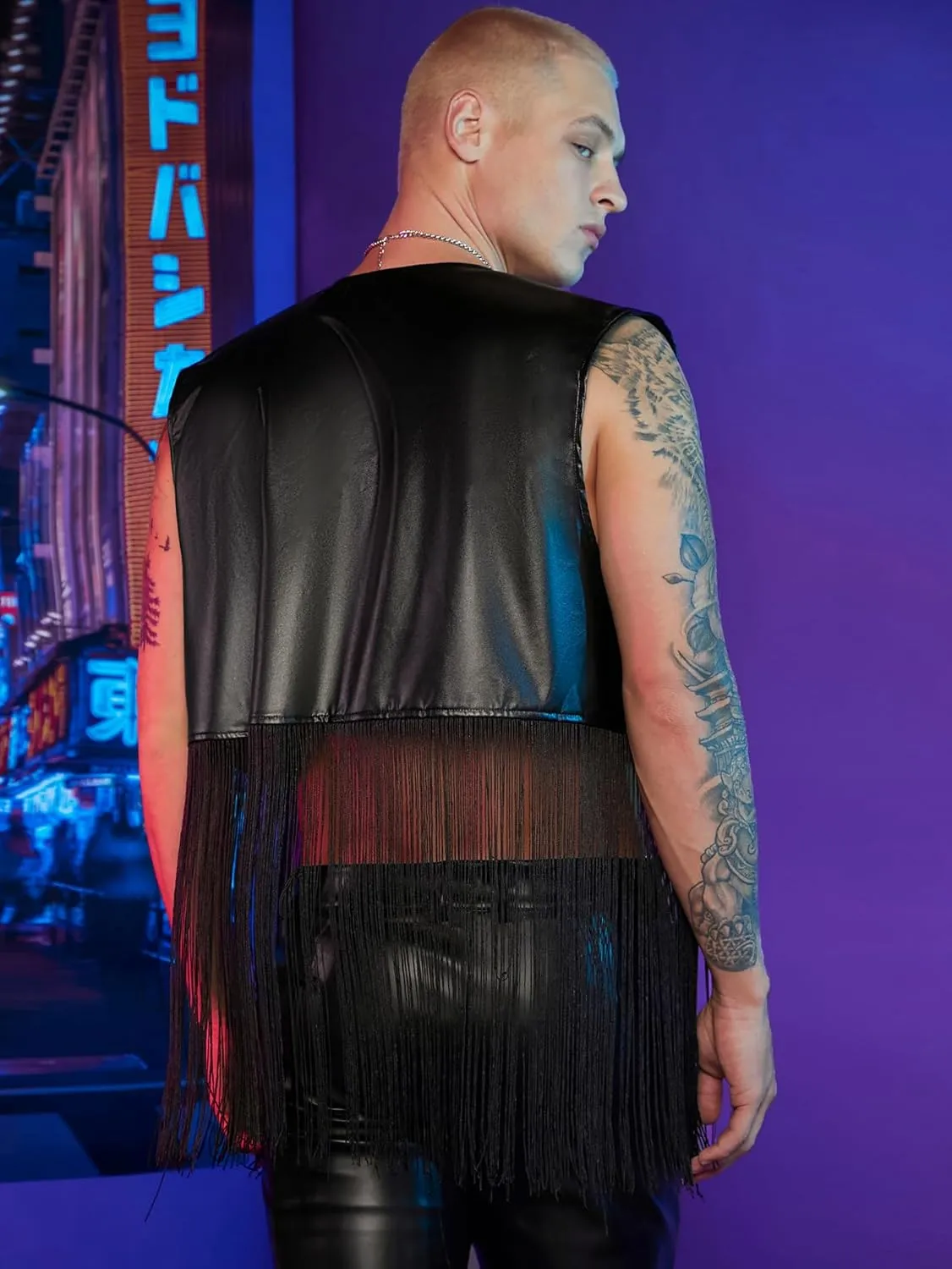WDIRARA Men's PU Fringe Sleeveless Vest Tassel Faux Leather Open Front Disco Club Jacket Cardigan