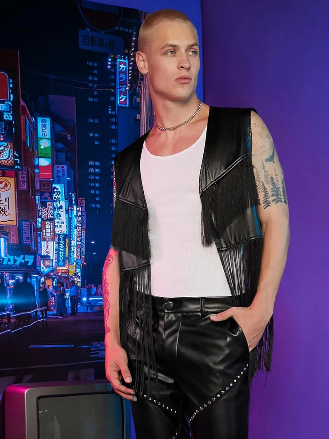 WDIRARA Men's PU Fringe Sleeveless Vest Tassel Faux Leather Open Front Disco Club Jacket Cardigan