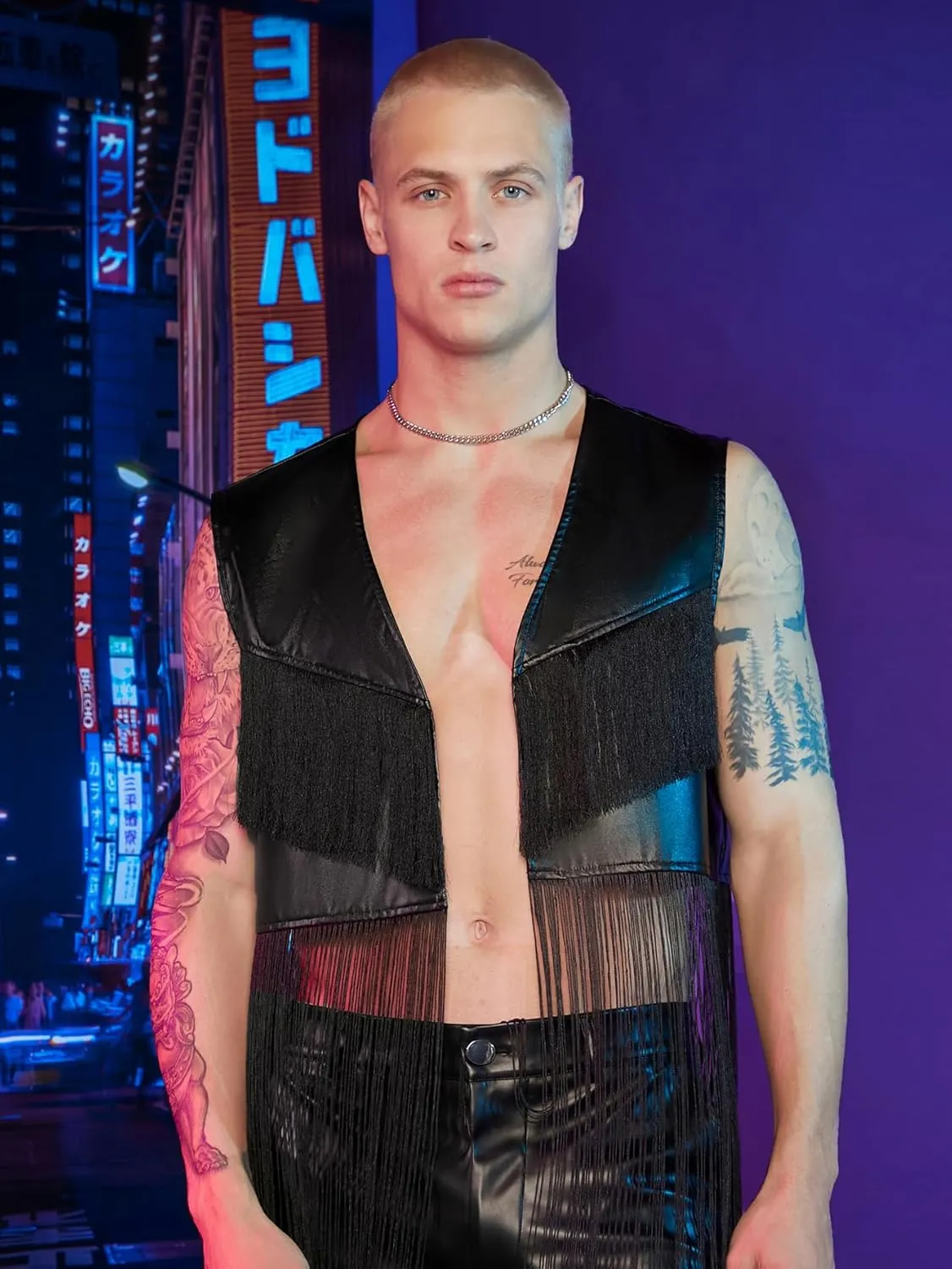 WDIRARA Men's PU Fringe Sleeveless Vest Tassel Faux Leather Open Front Disco Club Jacket Cardigan