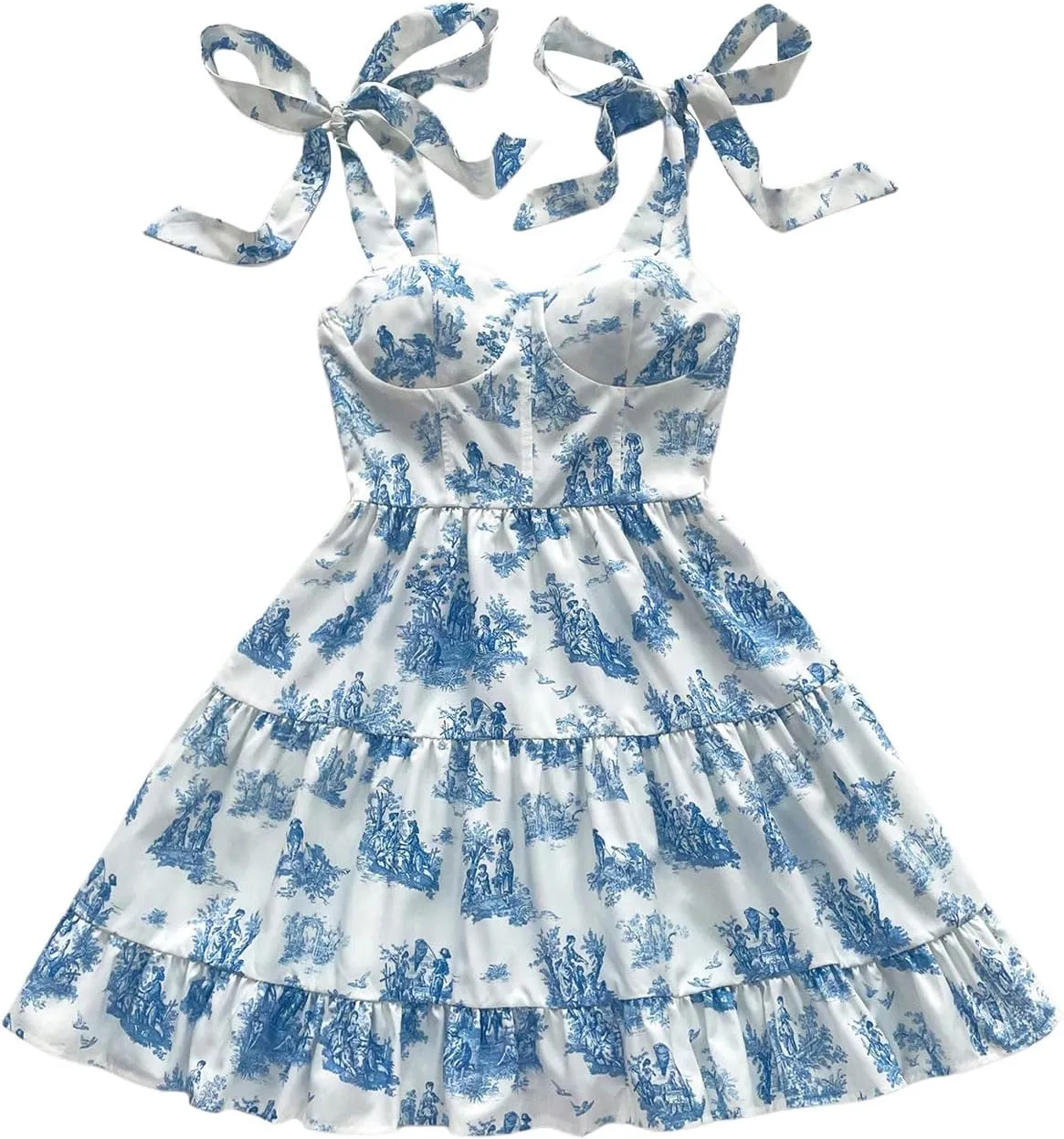 WDIRARA Women's Boho Floral Print Tie Shoulder Cami Dress Tiered Smocked Sleeveless A Line Mini Dresses