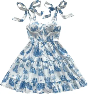 WDIRARA Women's Boho Floral Print Tie Shoulder Cami Dress Tiered Smocked Sleeveless A Line Mini Dresses