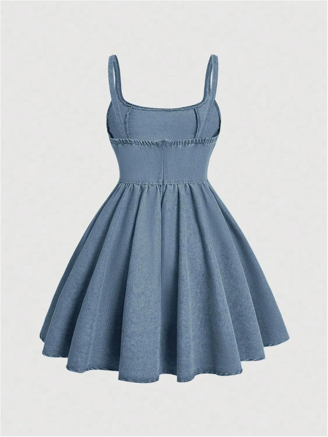 WDIRARA Women's Casual Square Neck Denim Dress Ruffle Hem A Line Mini Dress