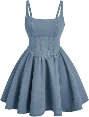 WDIRARA Women's Casual Square Neck Denim Dress Ruffle Hem A Line Mini Dress