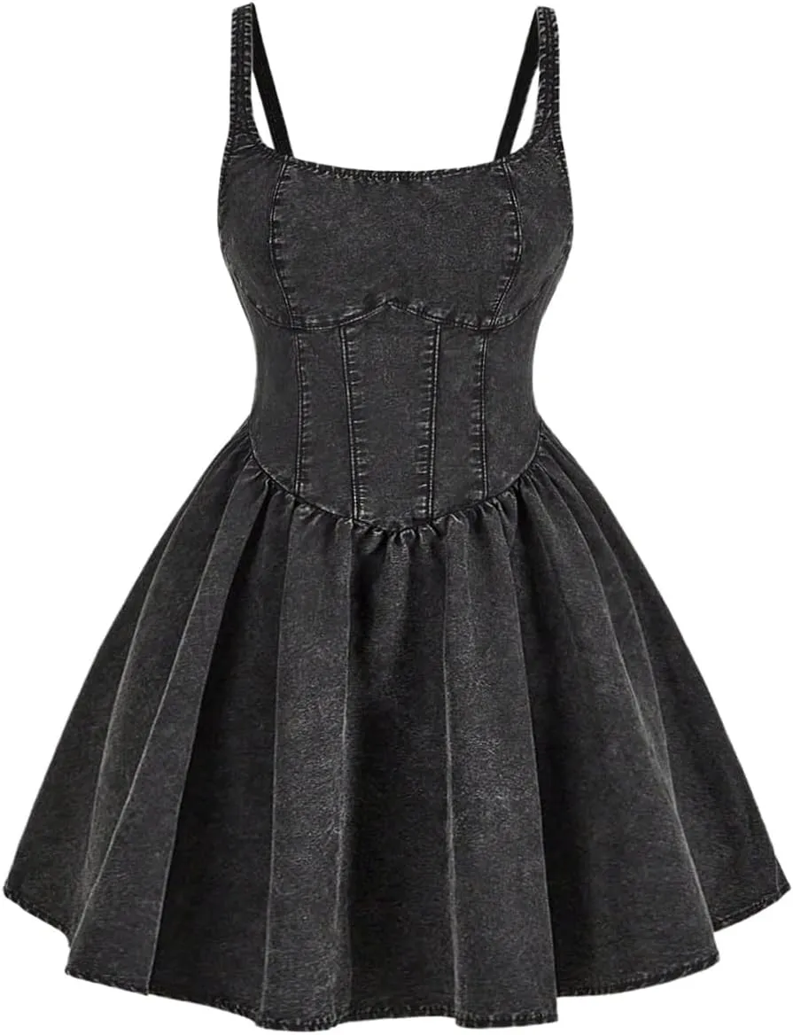 WDIRARA Women's Casual Square Neck Denim Dress Ruffle Hem A Line Mini Dress