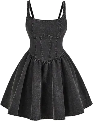 WDIRARA Women's Casual Square Neck Denim Dress Ruffle Hem A Line Mini Dress