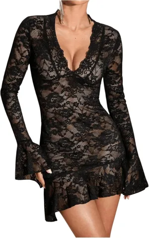 WDIRARA Women's Floral Lace V Neck Long Bell Sleeve Bodycon Mini Dress Sheer Mesh Ruffle Hem Dress