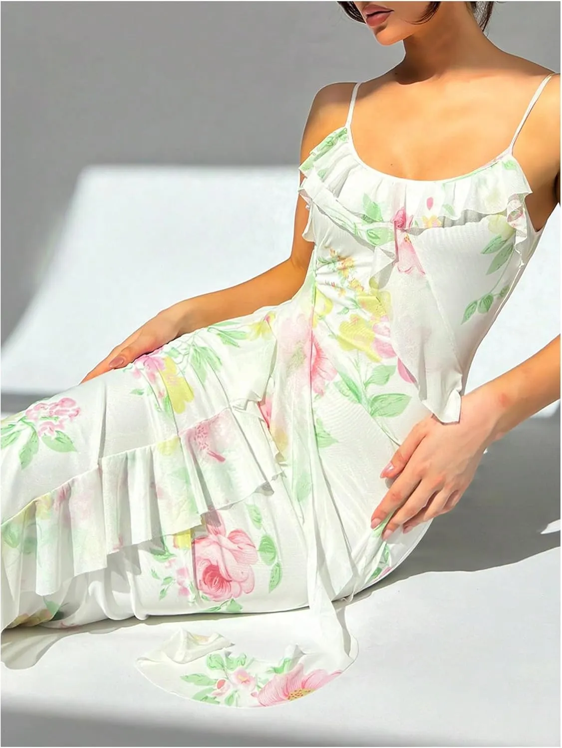 WDIRARA Women's Floral Print Ruffle Bodycon Cami Dress Spaghetti Strap Maxi Dresses