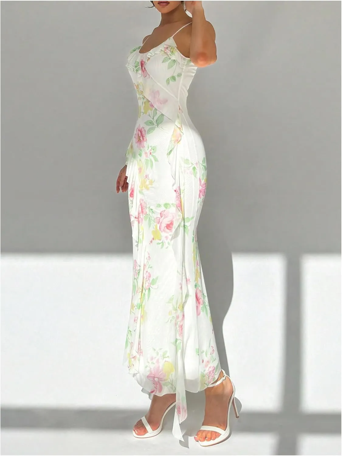 WDIRARA Women's Floral Print Ruffle Bodycon Cami Dress Spaghetti Strap Maxi Dresses