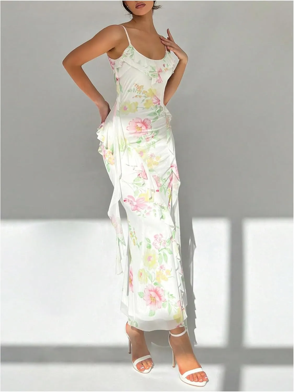 WDIRARA Women's Floral Print Ruffle Bodycon Cami Dress Spaghetti Strap Maxi Dresses