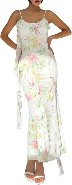 WDIRARA Women's Floral Print Ruffle Bodycon Cami Dress Spaghetti Strap Maxi Dresses