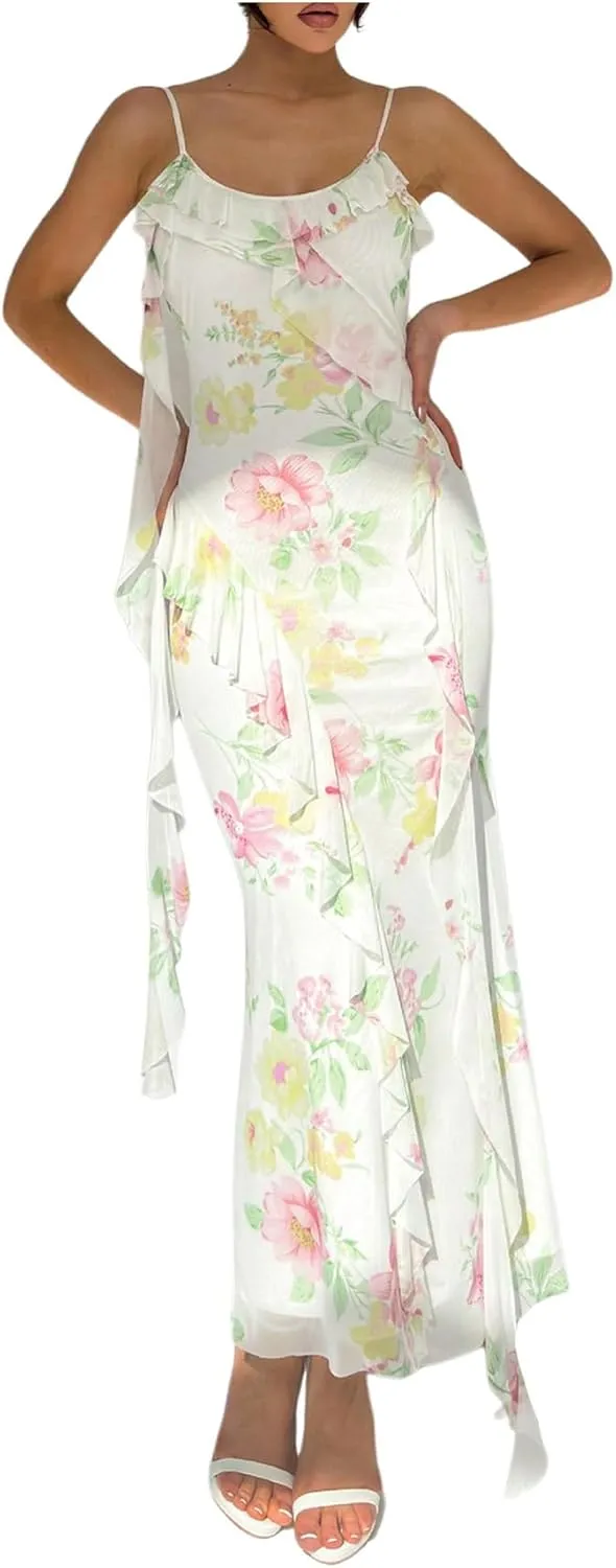 WDIRARA Women's Floral Print Ruffle Bodycon Cami Dress Spaghetti Strap Maxi Dresses