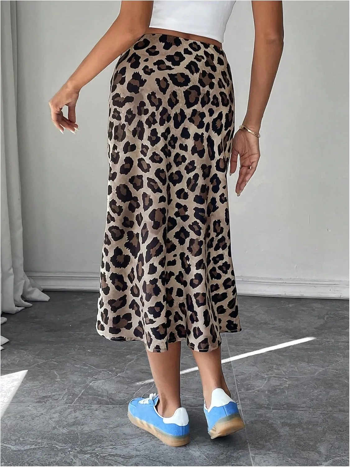 WDIRARA Women's Leopard Print High Waisted Midi Skirt Casual Ruffle Hem Long Skirts