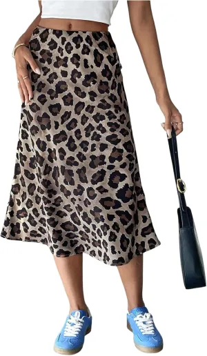 WDIRARA Women's Leopard Print High Waisted Midi Skirt Casual Ruffle Hem Long Skirts