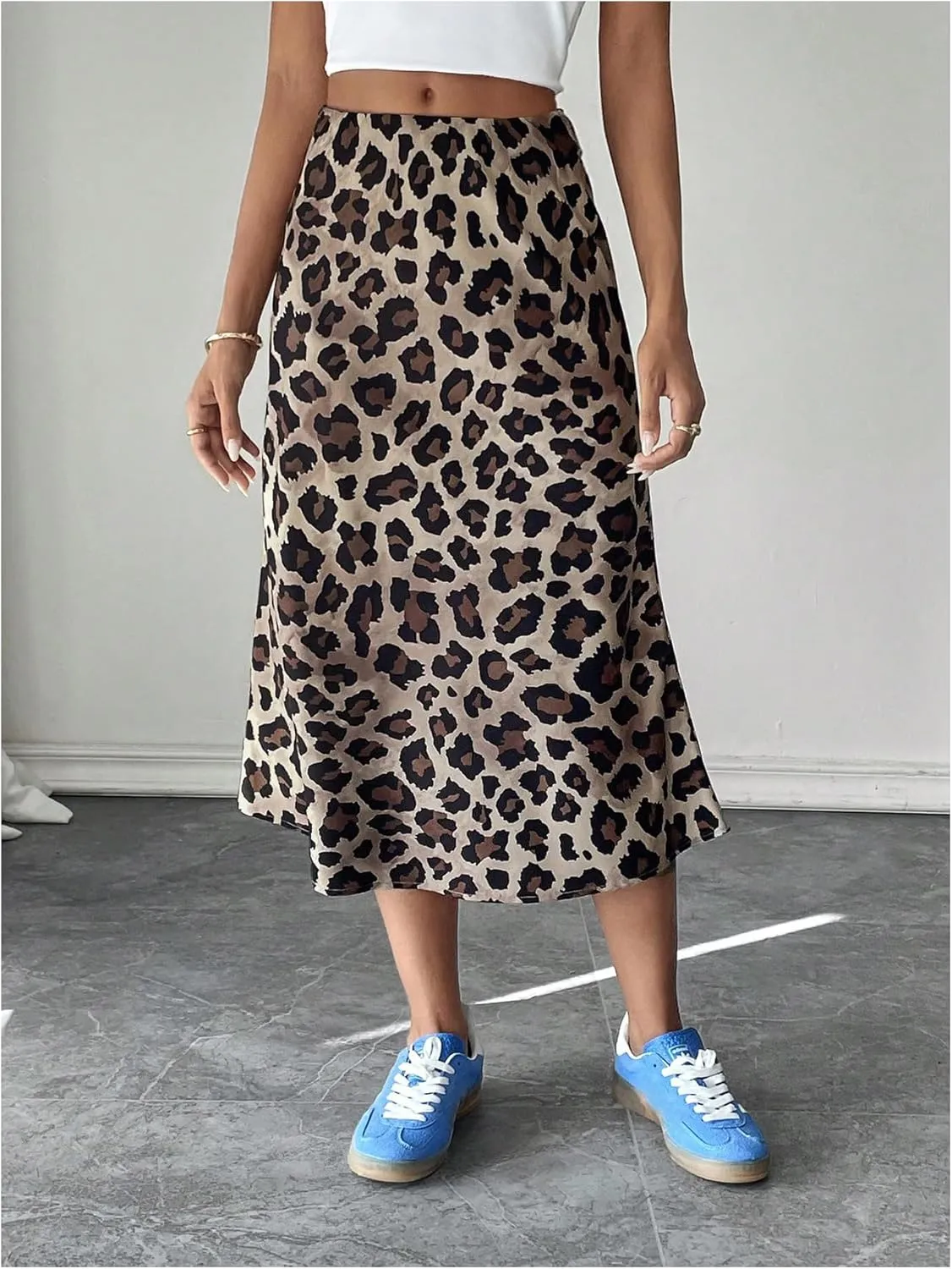 WDIRARA Women's Leopard Print High Waisted Midi Skirt Casual Ruffle Hem Long Skirts