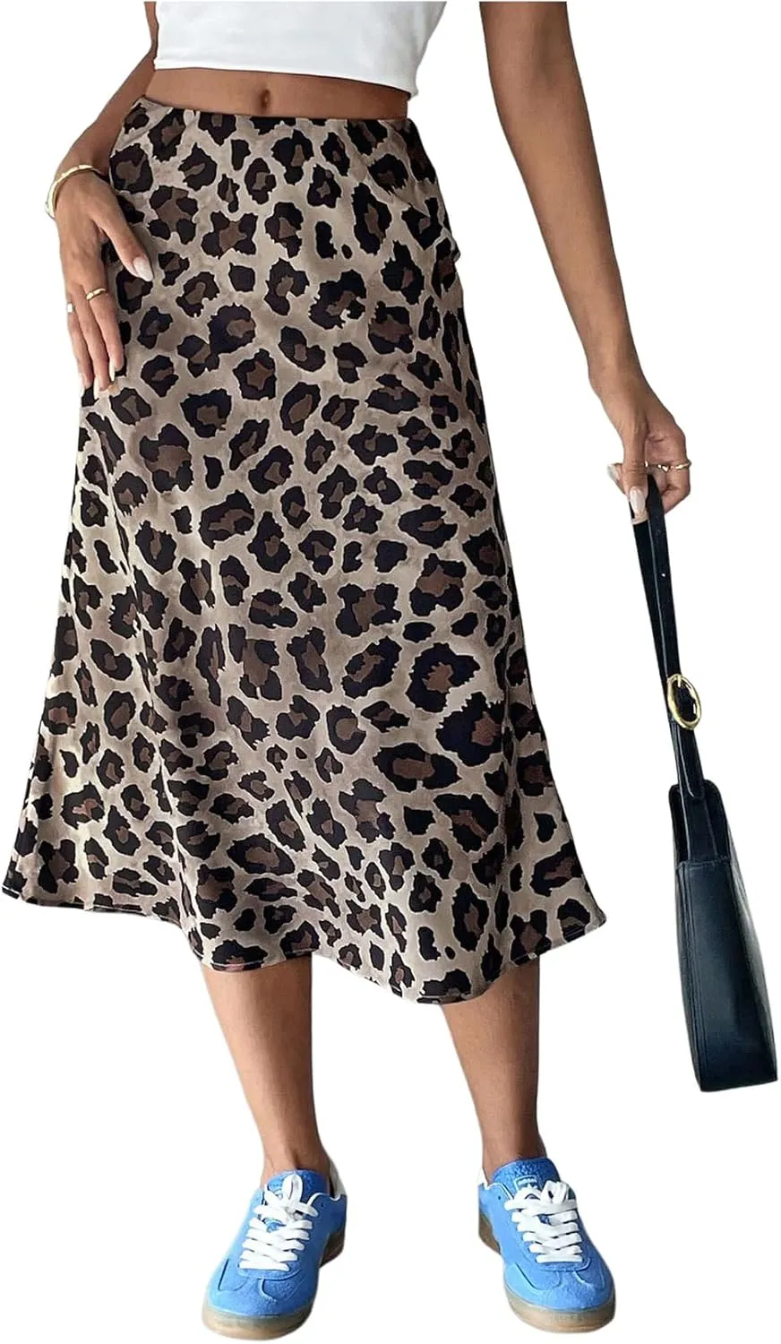 WDIRARA Women's Leopard Print High Waisted Midi Skirt Casual Ruffle Hem Long Skirts