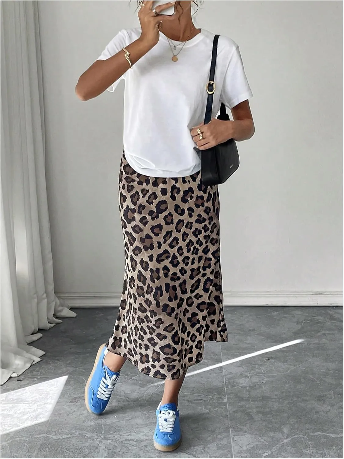 WDIRARA Women's Leopard Print High Waisted Midi Skirt Casual Ruffle Hem Long Skirts