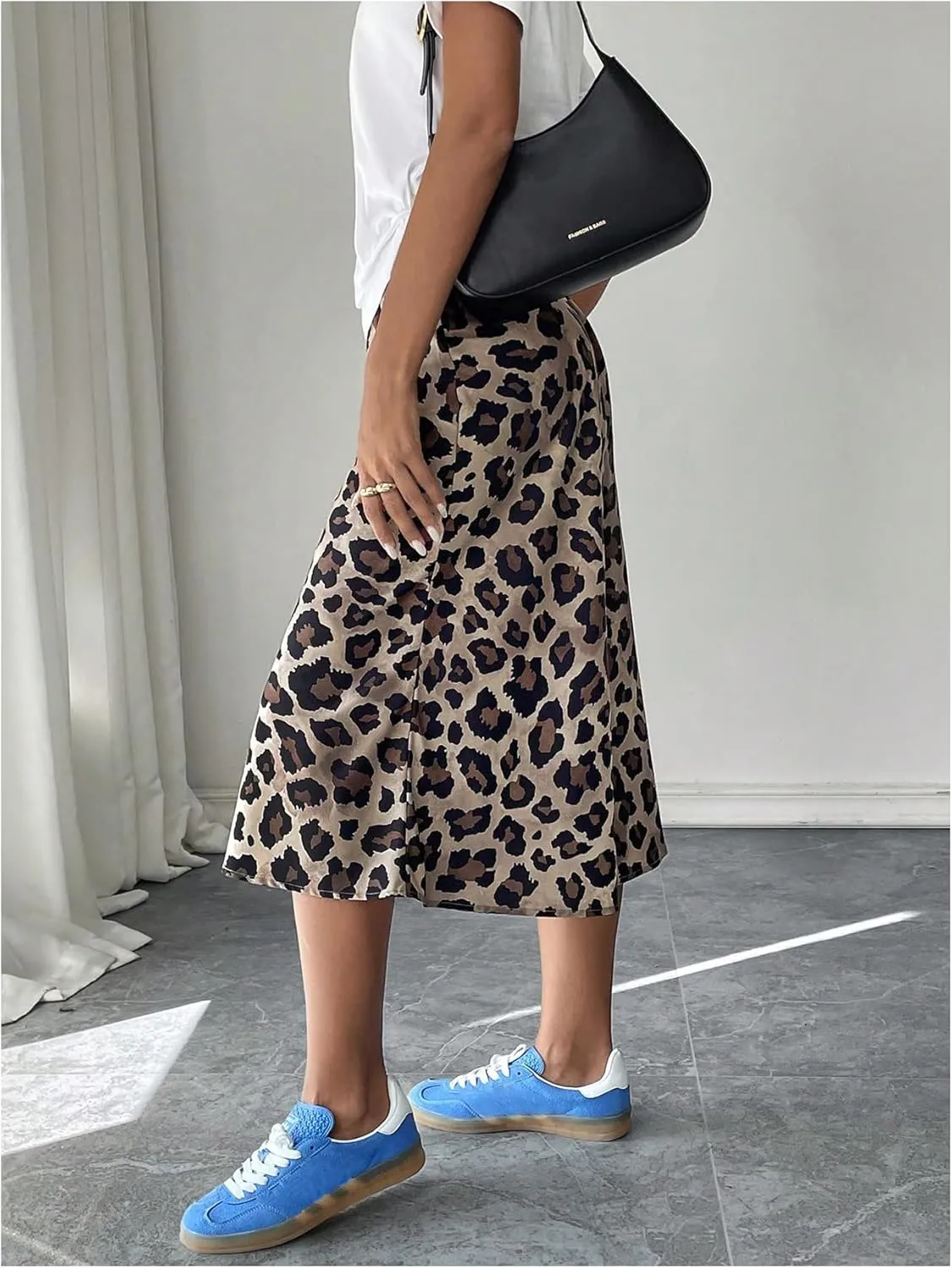 WDIRARA Women's Leopard Print High Waisted Midi Skirt Casual Ruffle Hem Long Skirts