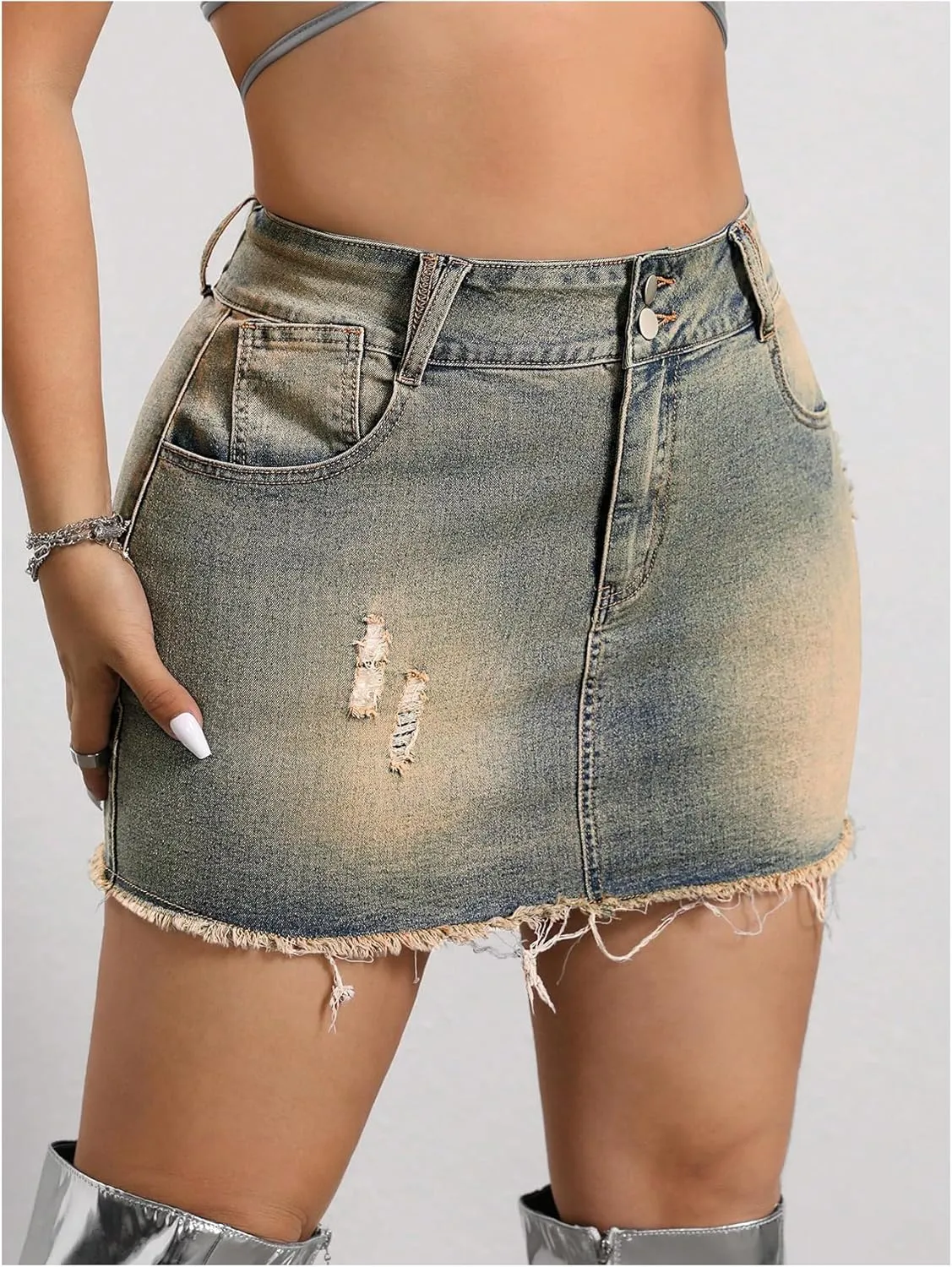 WDIRARA Women's Plus Size Distressed Denim Skirt Frayed High Waist Bodycon Mini Jean Skirts with Pockets
