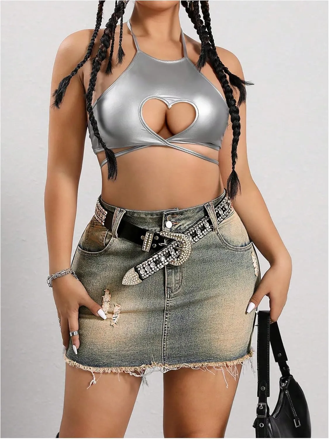 WDIRARA Women's Plus Size Distressed Denim Skirt Frayed High Waist Bodycon Mini Jean Skirts with Pockets